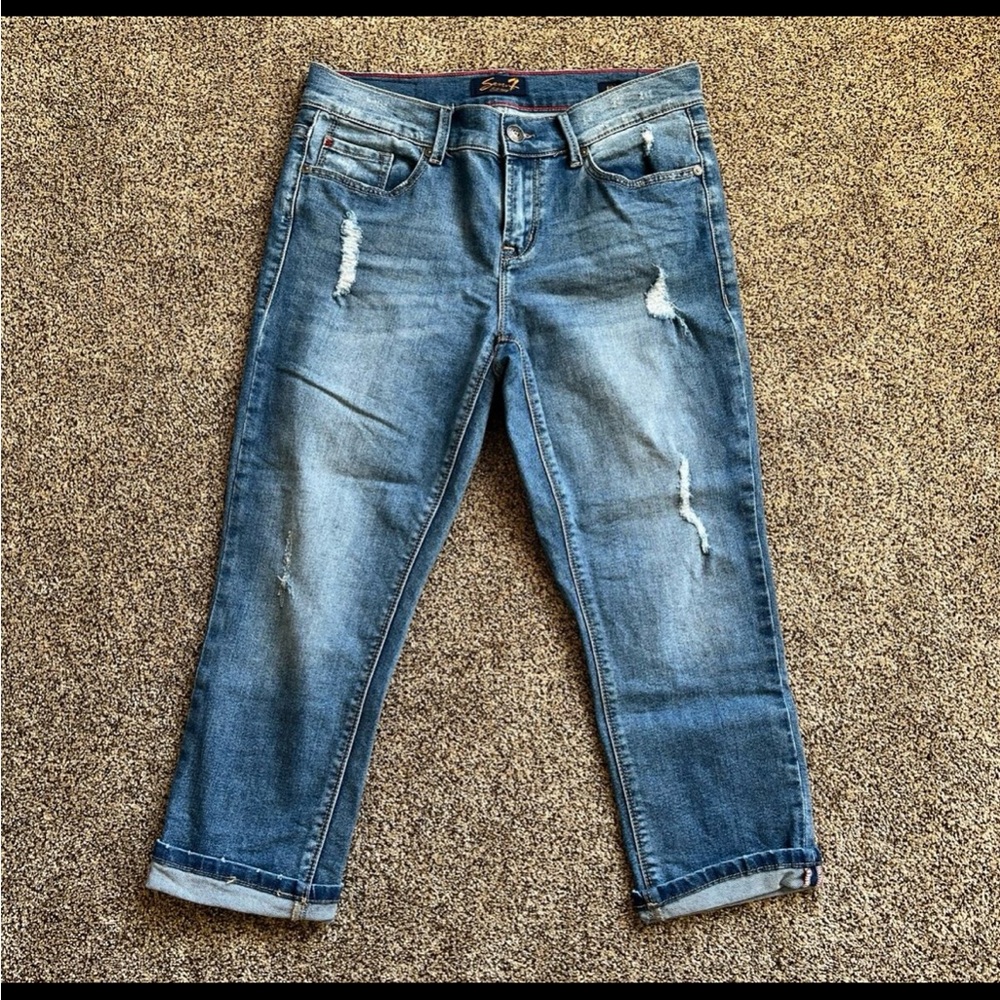 Seven7 Distressed Cropped Ankle Jeans in Medium Blue